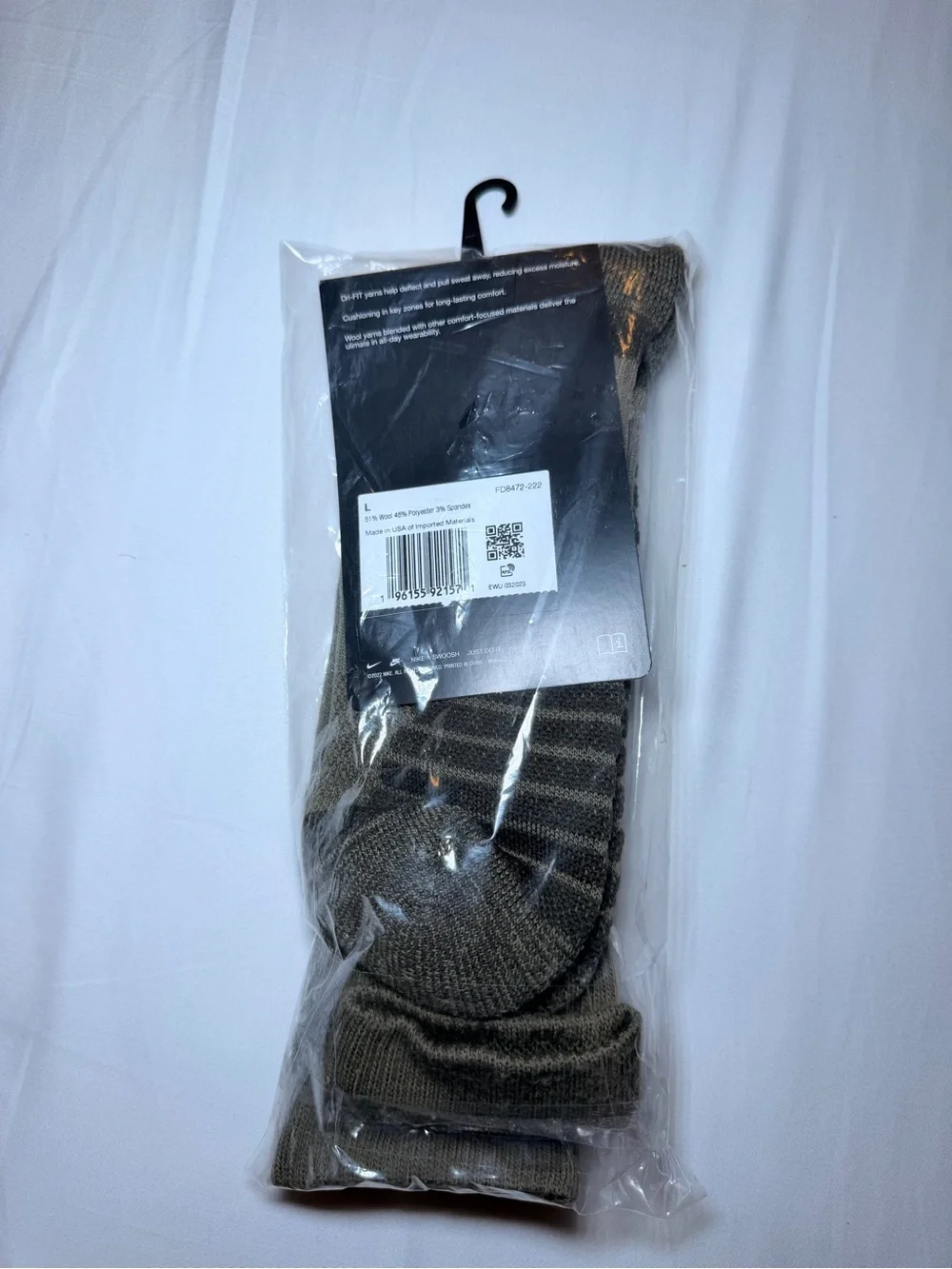Nike Dri-FIT Cushioned Wool Blend Crew Socks Green 1 Pair Men L FD8472-222